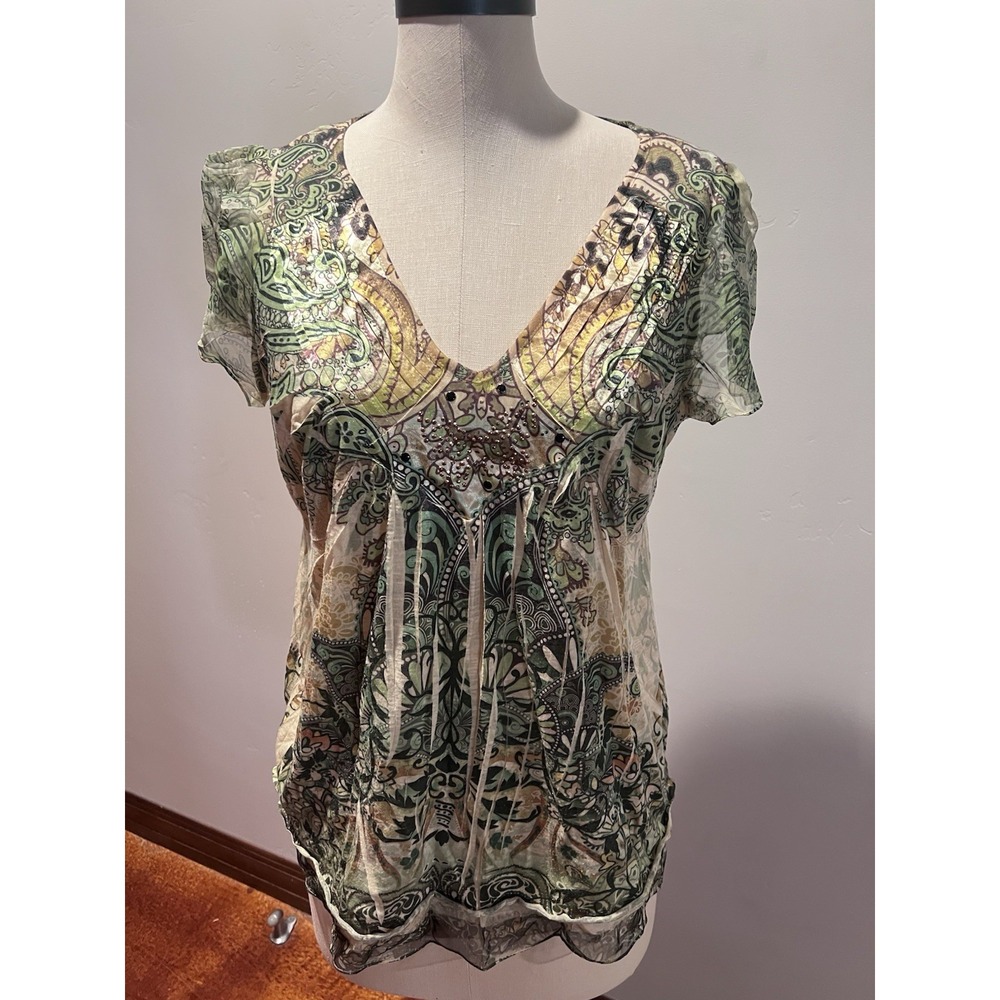 World Unity Women's LP Pullover Embellished Tunic Top Green Hippie Boho Y2K